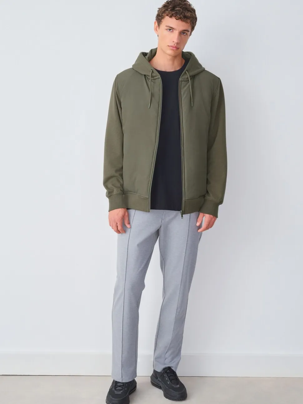 Khaki Green Hooded Hybrid Full Zip Jacket