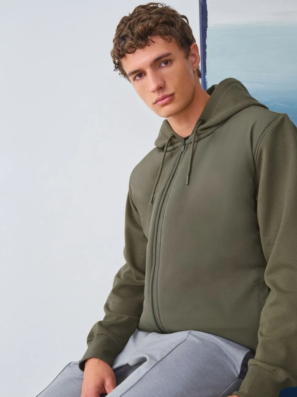 Khaki Green Hooded Hybrid Full Zip Jacket
