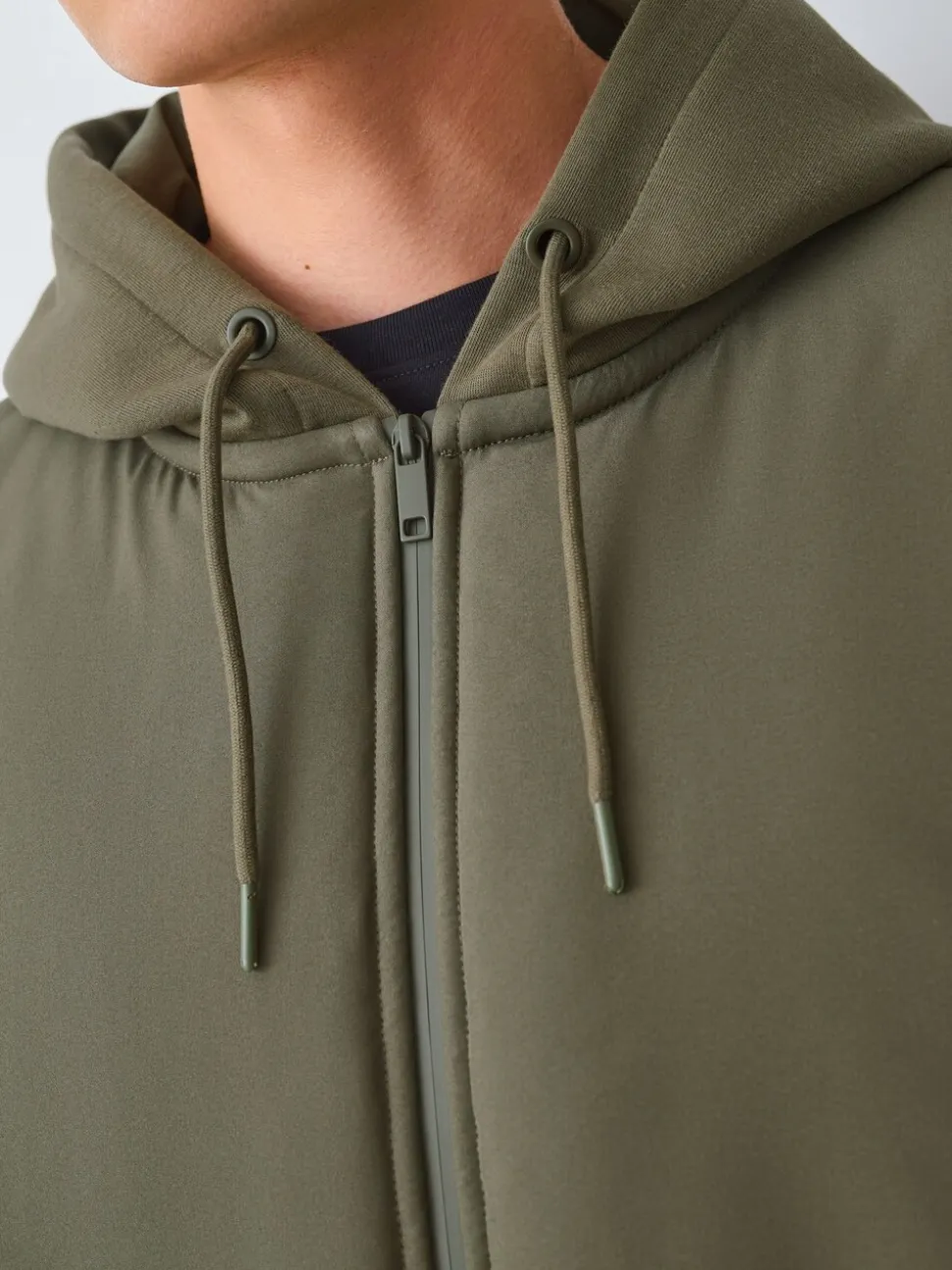 Khaki Green Hooded Hybrid Full Zip Jacket