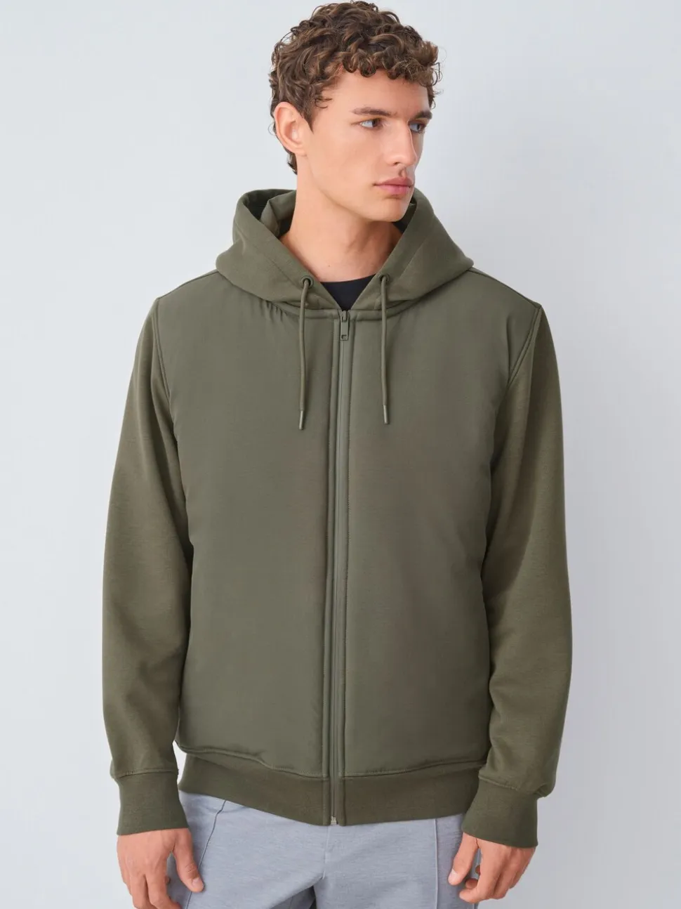Khaki Green Hooded Hybrid Full Zip Jacket