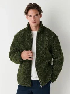 Khaki Green Nep Zip Through Funnel Borg Fleece