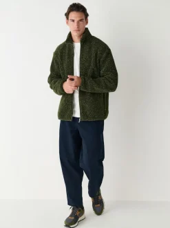 Khaki Green Nep Zip Through Funnel Borg Fleece
