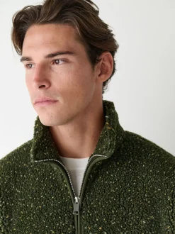 Khaki Green Nep Zip Through Funnel Borg Fleece