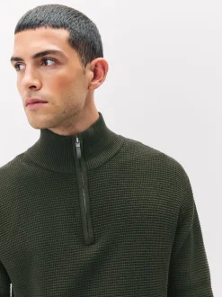 Khaki Green Plain N.Premium Regular Fit Cotton Rich Textured Premium Quarter Zip Jumper