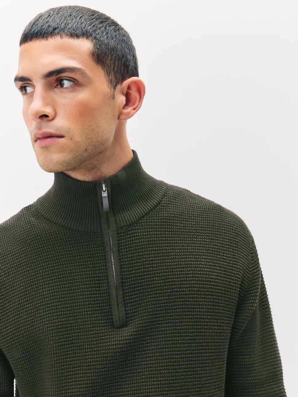 Khaki Green Plain N.Premium Regular Fit Cotton Rich Textured Premium Quarter Zip Jumper