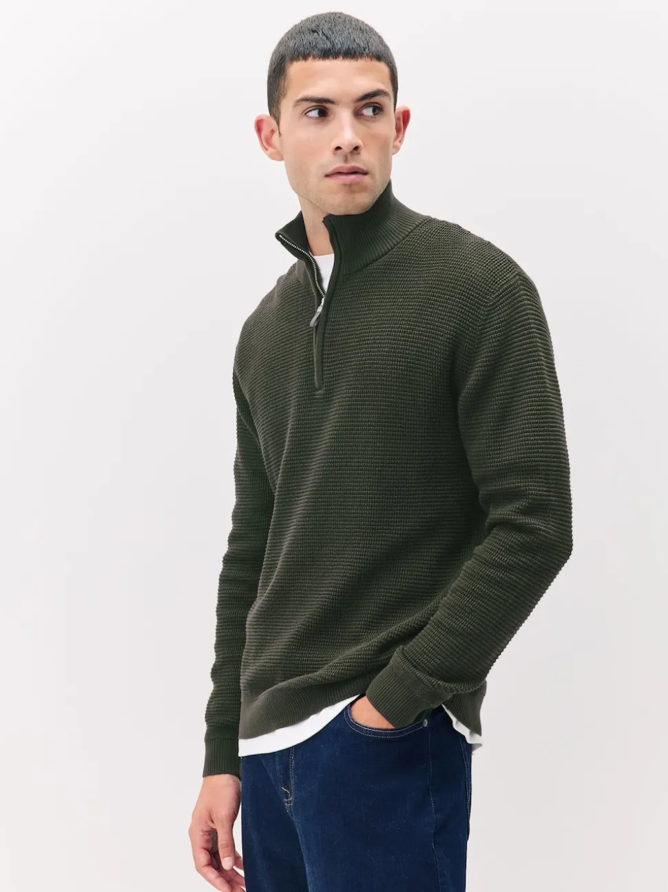 Khaki Green Plain N.Premium Regular Fit Cotton Rich Textured Premium Quarter Zip Jumper