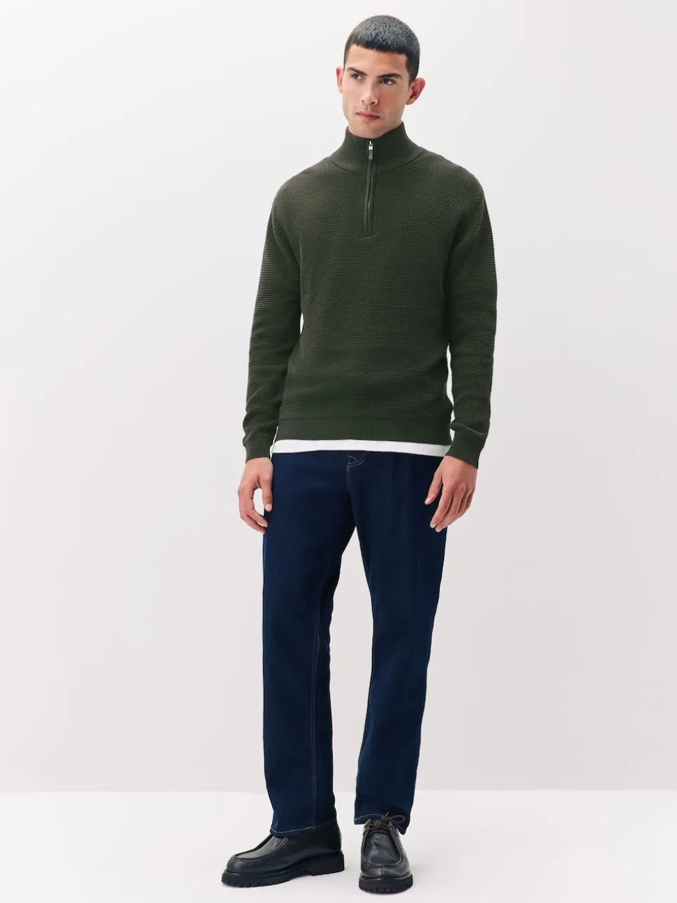 Khaki Green Plain N.Premium Regular Fit Cotton Rich Textured Premium Quarter Zip Jumper