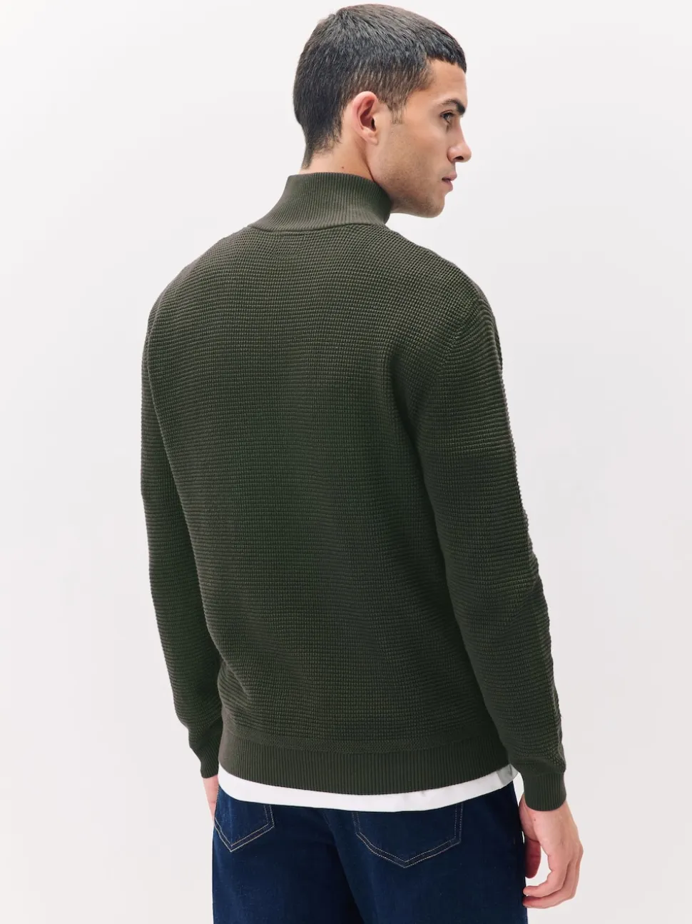 Khaki Green Plain N.Premium Regular Fit Cotton Rich Textured Premium Quarter Zip Jumper