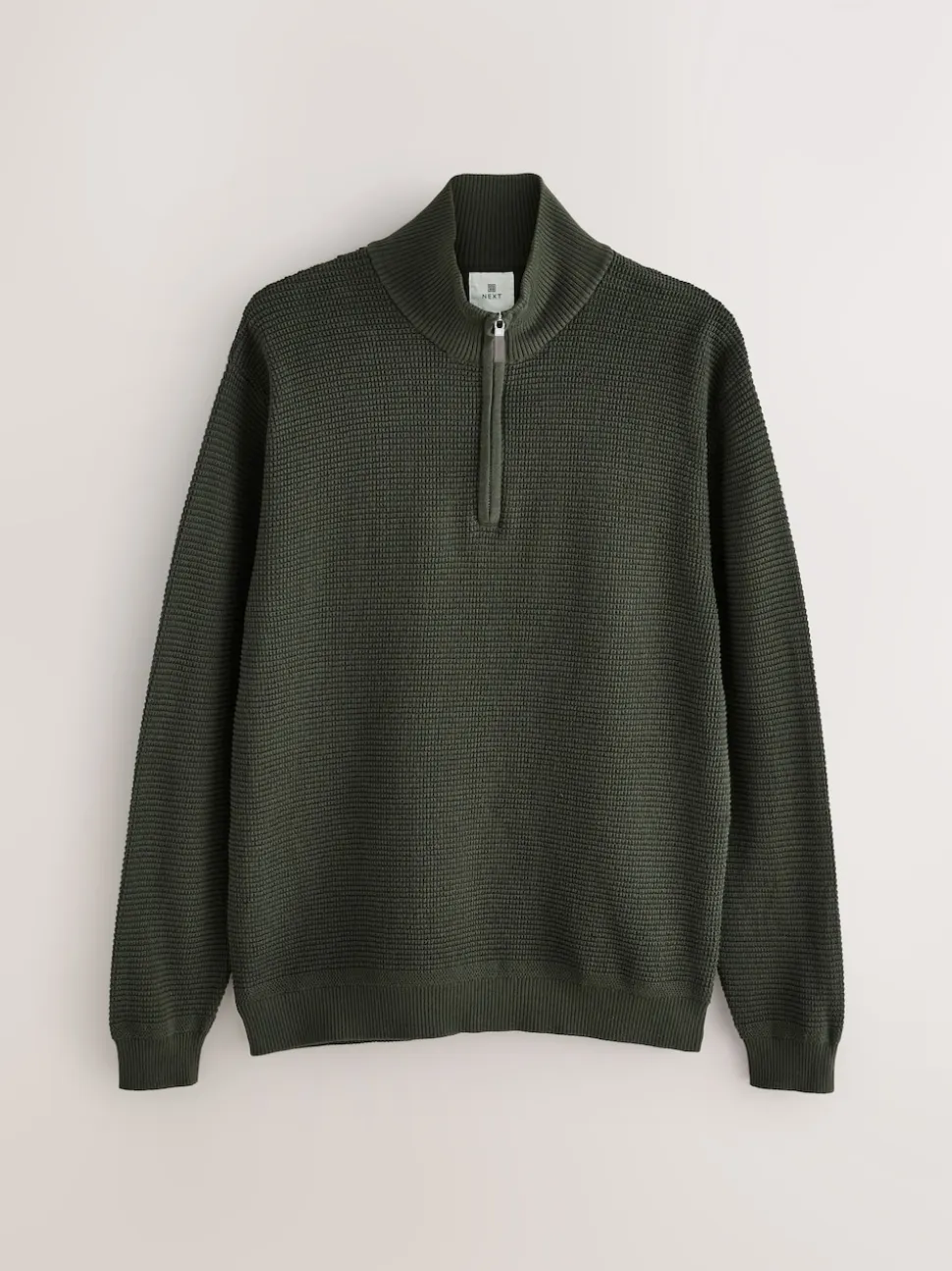 Khaki Green Plain N.Premium Regular Fit Cotton Rich Textured Premium Quarter Zip Jumper