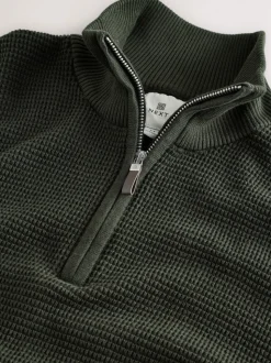 Khaki Green Plain N.Premium Regular Fit Cotton Rich Textured Premium Quarter Zip Jumper