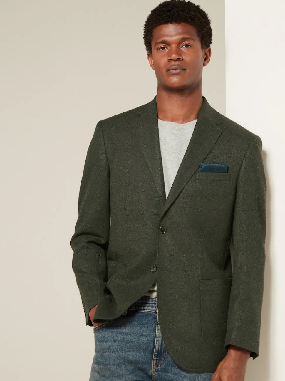 Khaki Green Regular Fit Textured Smart Blazer