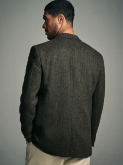 Khaki Green Regular Fit Wool Rich Herringbone Blazer