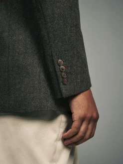 Khaki Green Regular Fit Wool Rich Herringbone Blazer