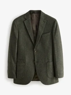 Khaki Green Regular Fit Wool Rich Herringbone Blazer