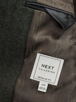 Khaki Green Regular Fit Wool Rich Herringbone Blazer
