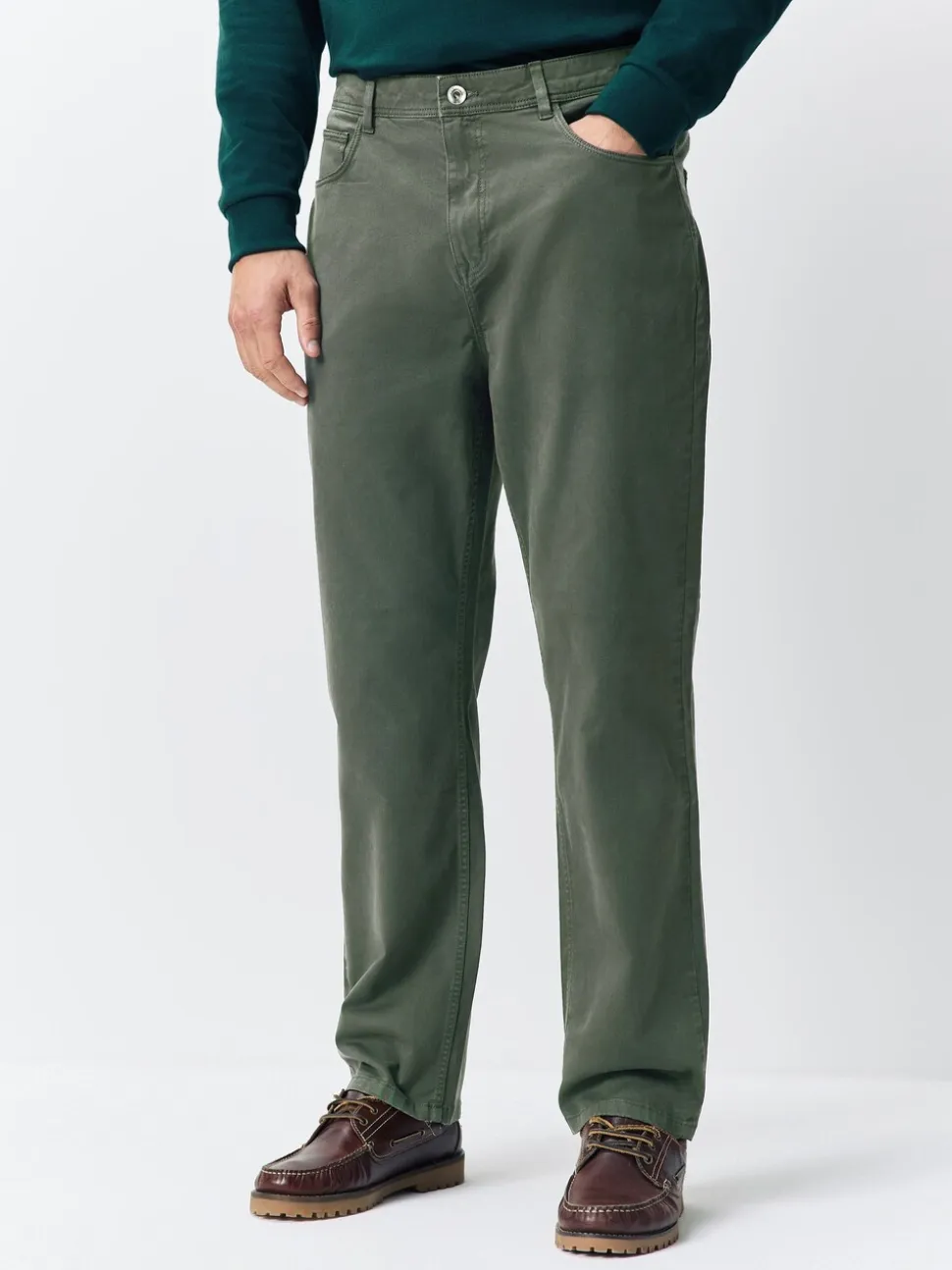 Khaki Green Regular Tapered Fit 5 Pocket Soft Touch Trousers