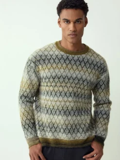 Khaki Green Relaxed Fit Ombre Diamond Pattern Texture Crew Neck Jumper with Wool