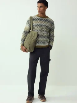 Khaki Green Relaxed Fit Ombre Diamond Pattern Texture Crew Neck Jumper with Wool