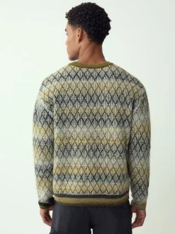 Khaki Green Relaxed Fit Ombre Diamond Pattern Texture Crew Neck Jumper with Wool
