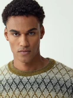 Khaki Green Relaxed Fit Ombre Diamond Pattern Texture Crew Neck Jumper with Wool