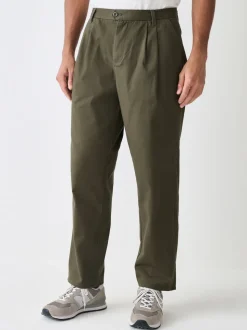 Khaki Green Relaxed Tapered Fit Twin Pleated Stretch Chinos Trousers