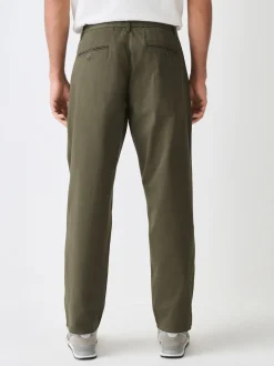 Khaki Green Relaxed Tapered Fit Twin Pleated Stretch Chinos Trousers