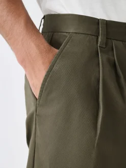 Khaki Green Relaxed Tapered Fit Twin Pleated Stretch Chinos Trousers