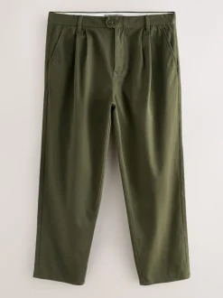 Khaki Green Relaxed Tapered Fit Twin Pleated Stretch Chinos Trousers