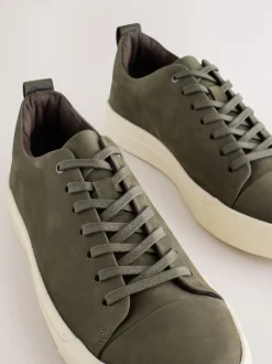 Khaki Green Smart Casual Toe Cap Leather Longline Trainers