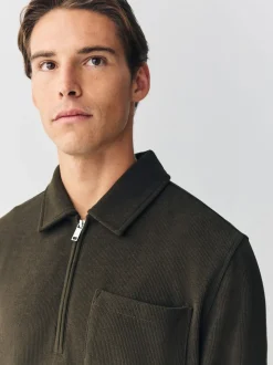 Khaki Green Soft Rib Texture Quarter Zip Neck Fleece