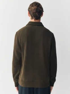 Khaki Green Soft Rib Texture Quarter Zip Neck Fleece