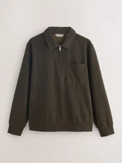 Khaki Green Soft Rib Texture Quarter Zip Neck Fleece