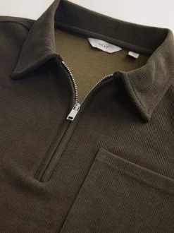 Khaki Green Soft Rib Texture Quarter Zip Neck Fleece
