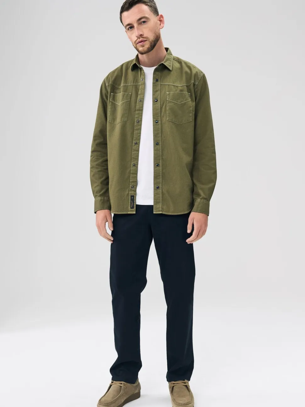 Khaki Green Twin Pocket Western Style Long Sleeve Shirt