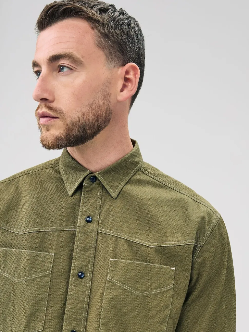 Khaki Green Twin Pocket Western Style Long Sleeve Shirt