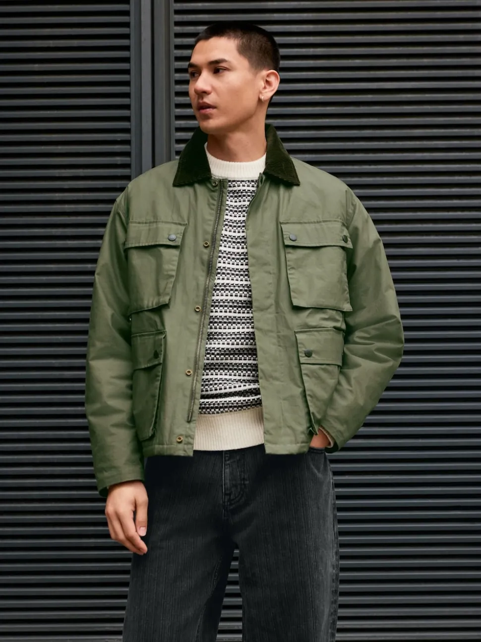 Khaki Green Wax Corduroy Collar Barn Jacket