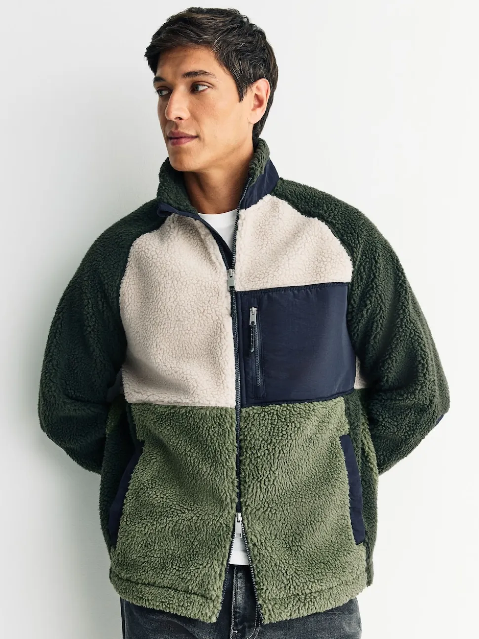 Khaki Green/Ecru Neutral Colourblock Zip Through Funnel Fleece