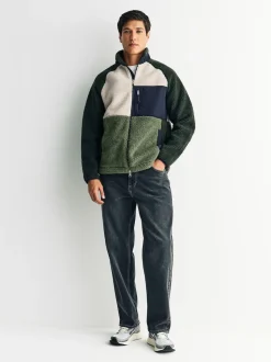 Khaki Green/Ecru Neutral Colourblock Zip Through Funnel Fleece