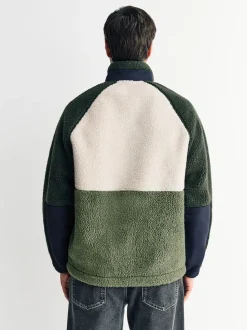 Khaki Green/Ecru Neutral Colourblock Zip Through Funnel Fleece