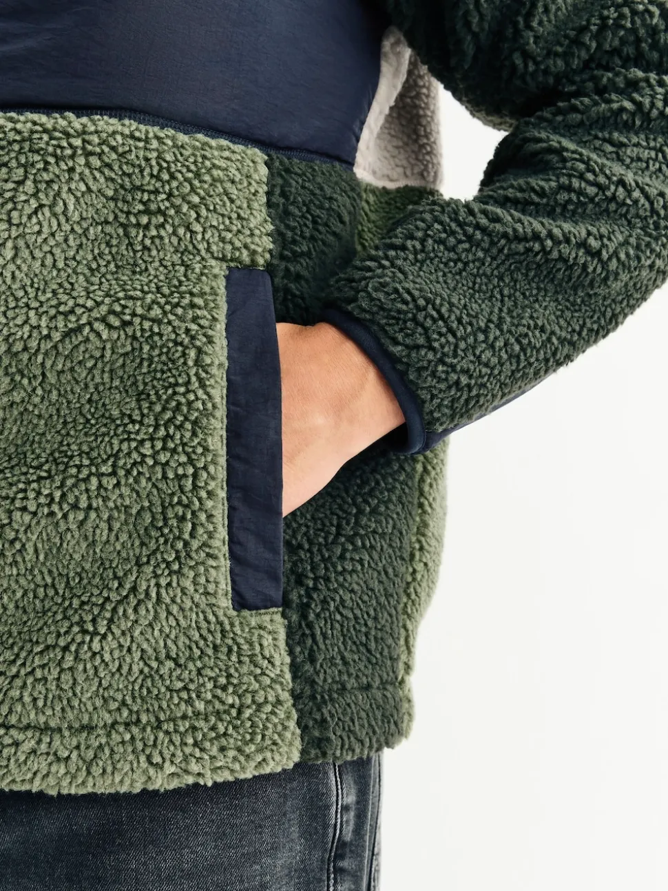 Khaki Green/Ecru Neutral Colourblock Zip Through Funnel Fleece