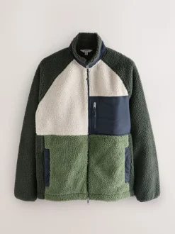 Khaki Green/Ecru Neutral Colourblock Zip Through Funnel Fleece