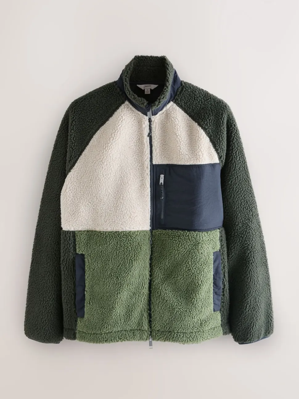 Khaki Green/Ecru Neutral Colourblock Zip Through Funnel Fleece
