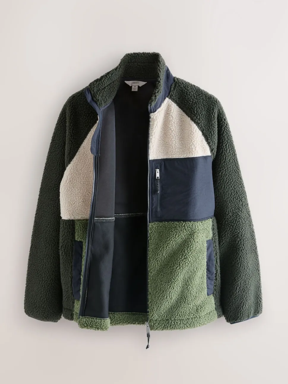 Khaki Green/Ecru Neutral Colourblock Zip Through Funnel Fleece