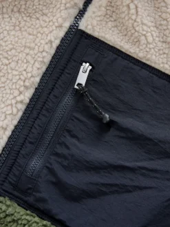 Khaki Green/Ecru Neutral Colourblock Zip Through Funnel Fleece