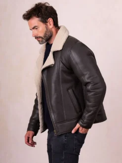 Lakeland Leather Brown Javelin Sheepskin Asymmetric Zip Aviator Jacket
