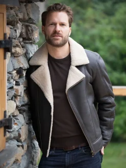 Lakeland Leather Brown Javelin Sheepskin Asymmetric Zip Aviator Jacket