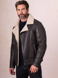 Lakeland Leather Brown Javelin Sheepskin Asymmetric Zip Aviator Jacket