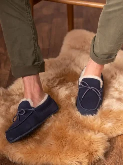 Lakeland Leather Navy Blue Mens Sheepskin Moccasin Slippers