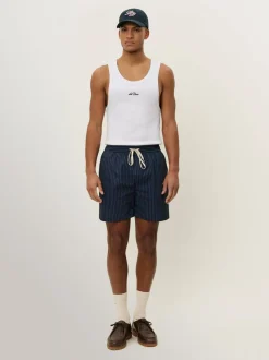 Les Deux Navy Blue Stan Stripe Seersucker Swim Shorts