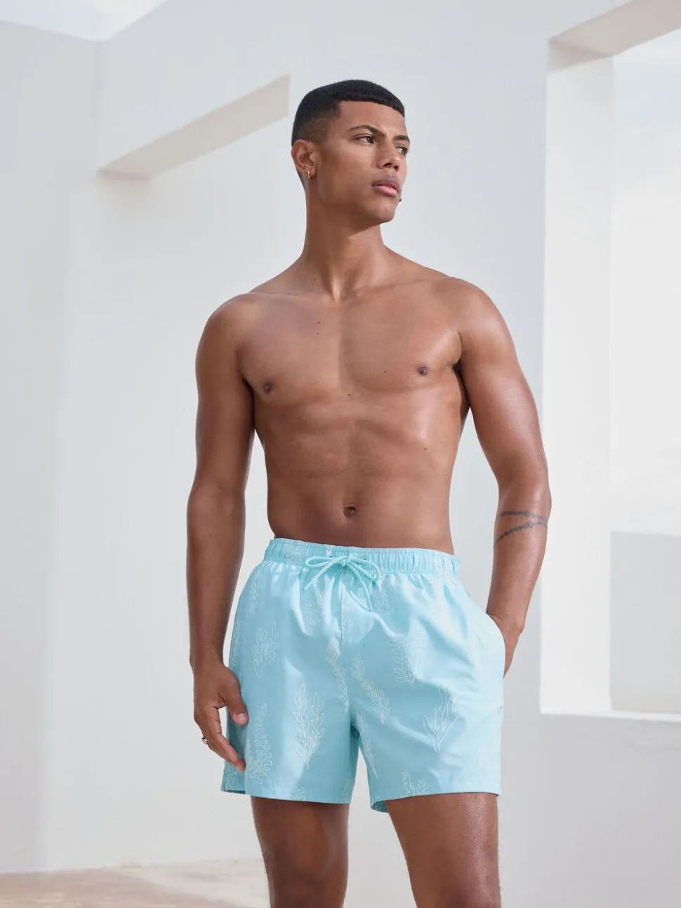 Light Blue Embroidered Swim Shorts